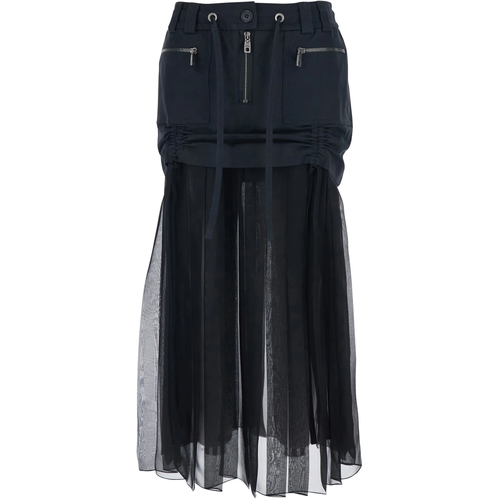 Black Skirt with Pleated Design and Drawstring Waist in Silk Blend Stretch Woman
