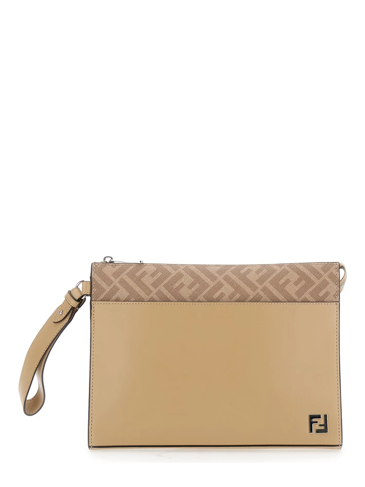 Beige Cltuch with FF Motif and FF Logo Plaque in Leather Man