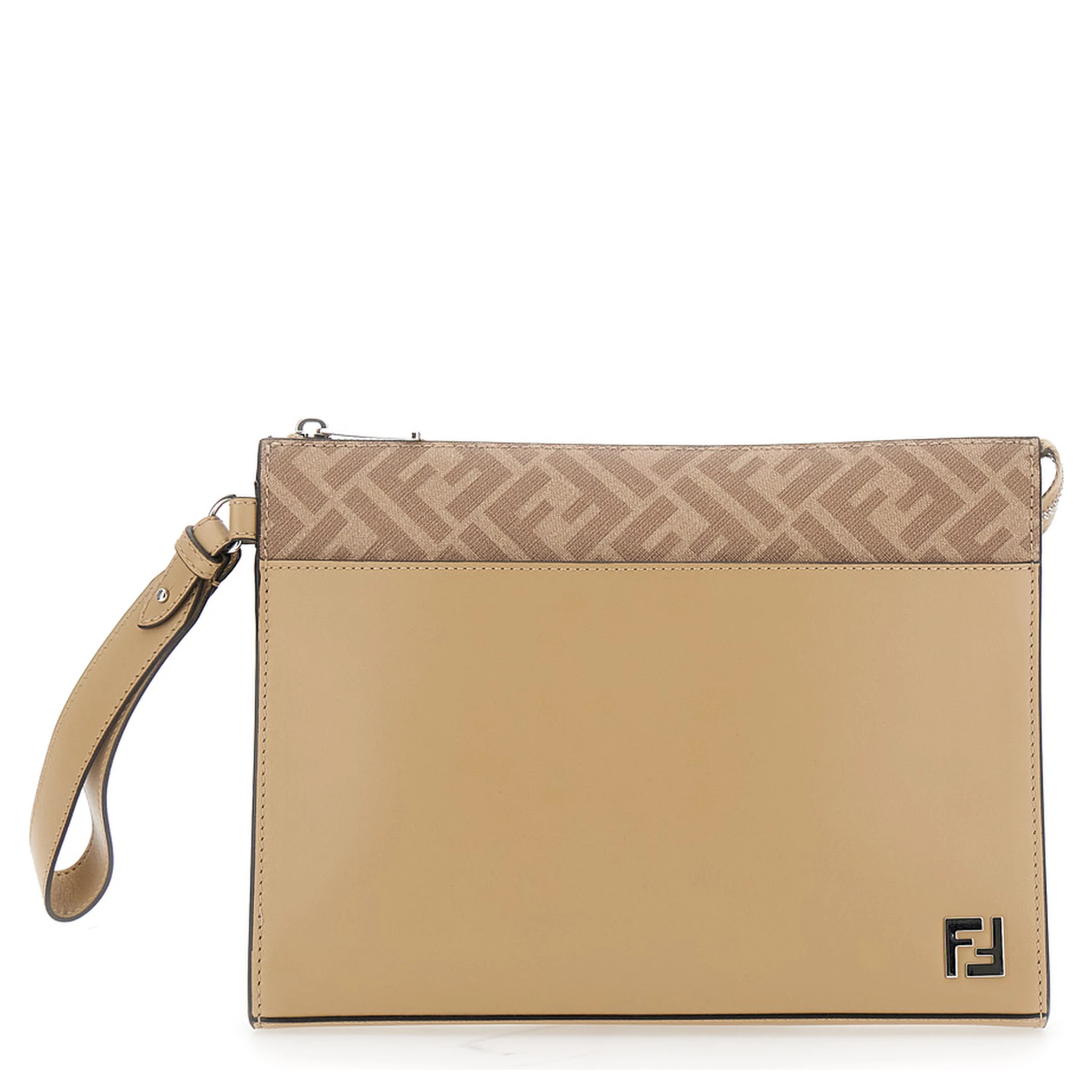 Beige Cltuch with FF Motif and FF Logo Plaque in Leather Man