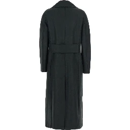 Green Double-Breasted  Coat with Wide Notched Revers in Wool Woman