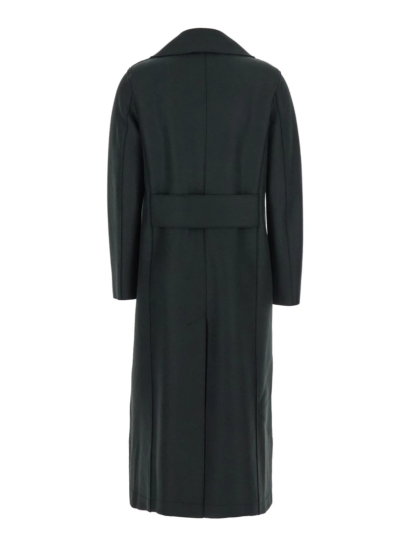 Green Double-Breasted  Coat with Wide Notched Revers in Wool Woman