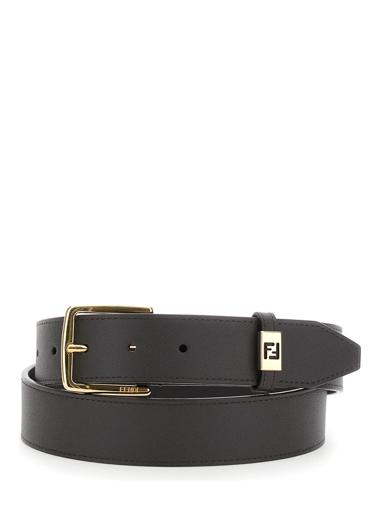 Brown Belt with FF Plaque in Grained Leather Man