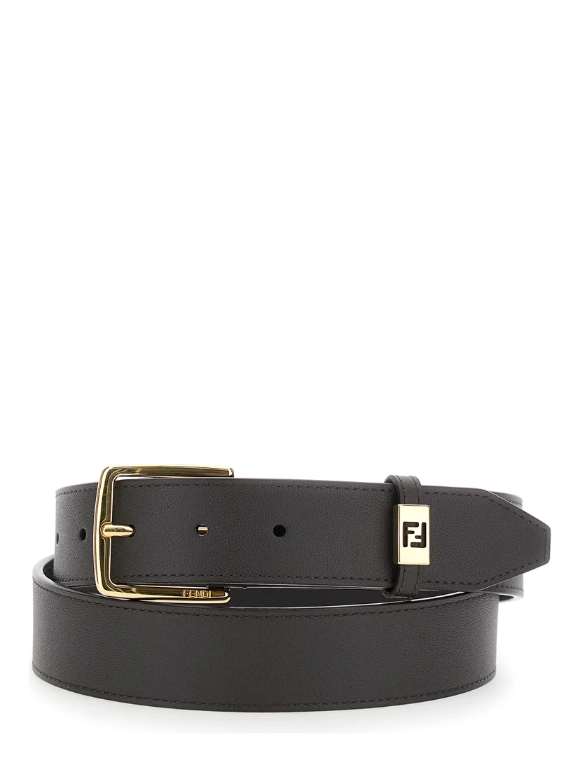 Brown Belt with FF Plaque in Grained Leather Man