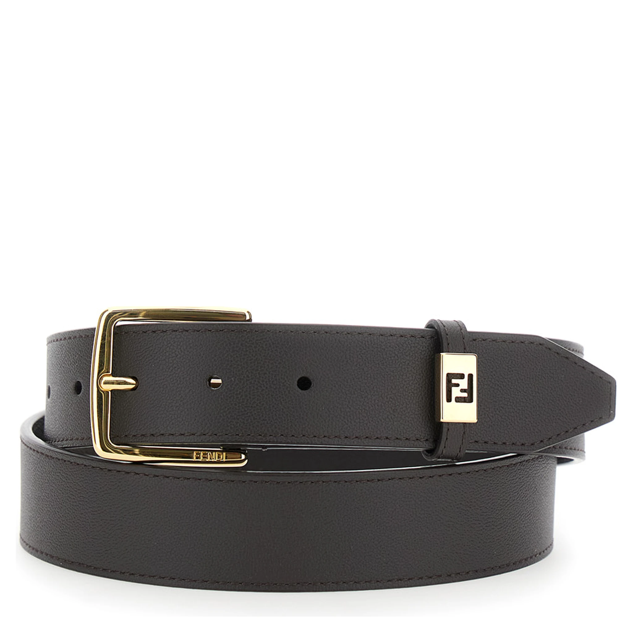 Brown Belt with FF Plaque in Grained Leather Man