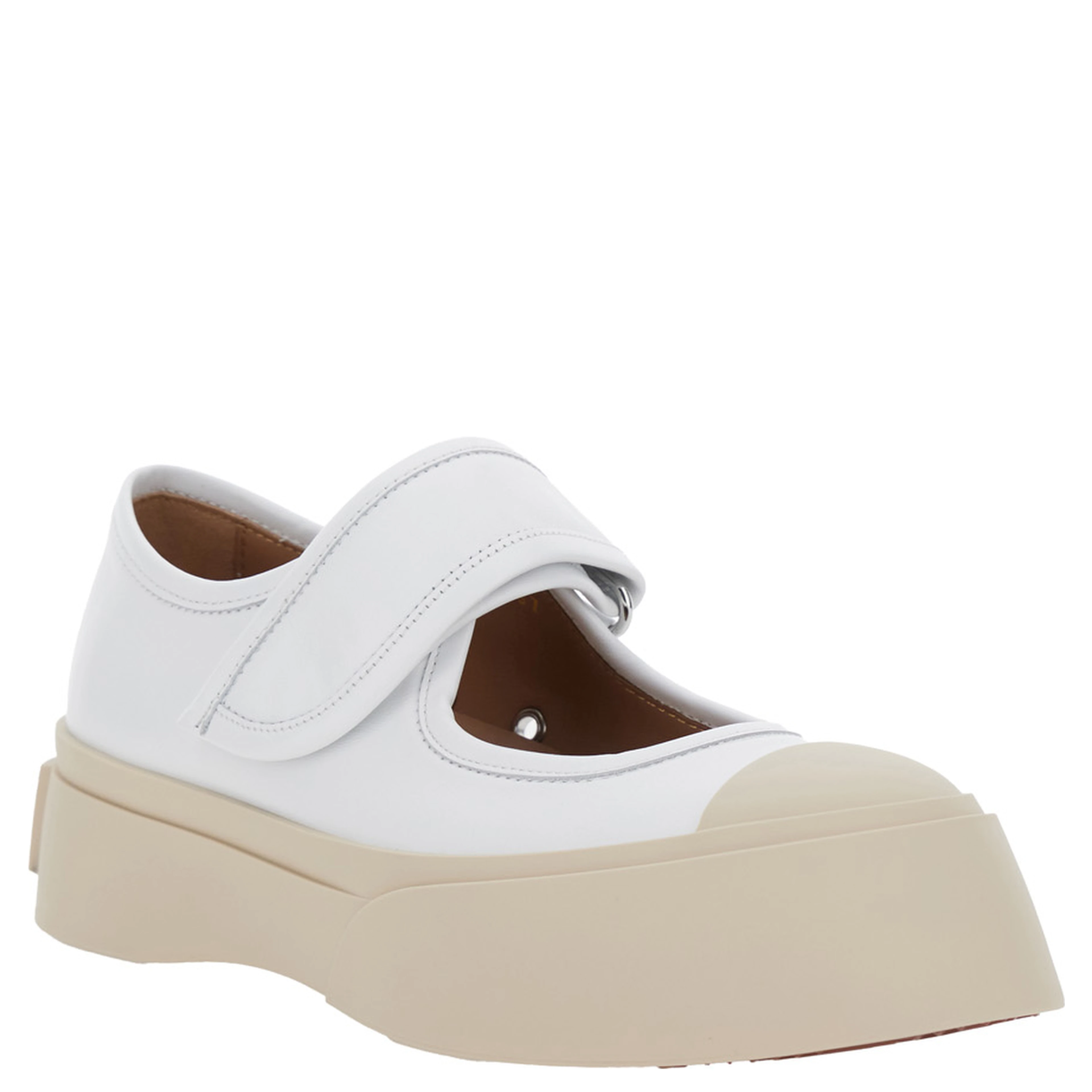 Mary Jane White Sandals with Touch-Strap Closure and Logo Patch on the Rear in Leather Woman