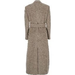 Beige Double-Breasted Coat with Classic Lapels and Belt in Wool and Mohair Blend Woman