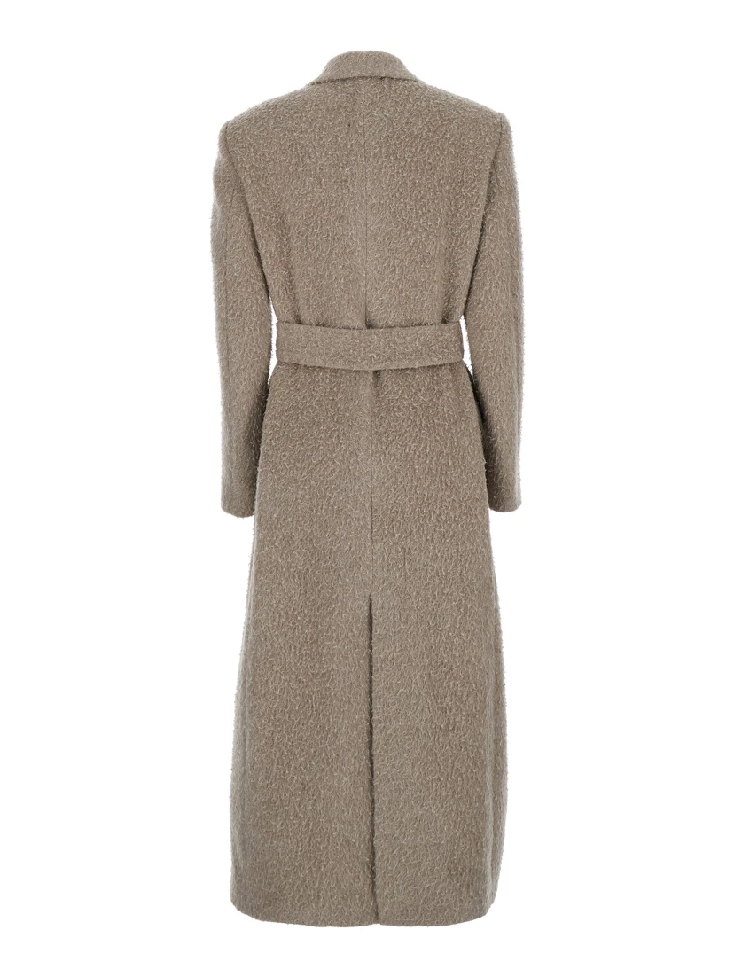Beige Double-Breasted Coat with Classic Lapels and Belt in Wool and Mohair Blend Woman