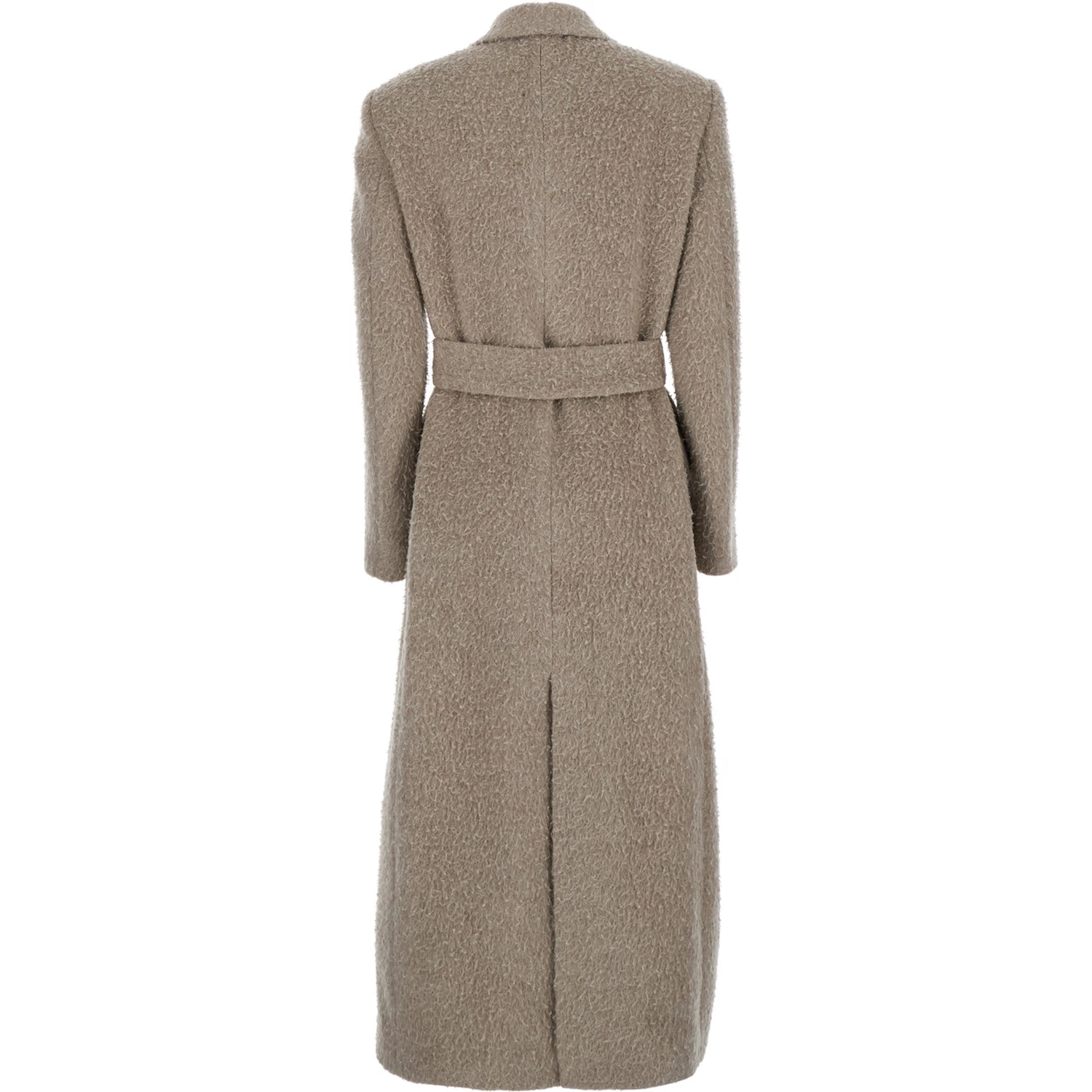 Beige Double-Breasted Coat with Classic Lapels and Belt in Wool and Mohair Blend Woman
