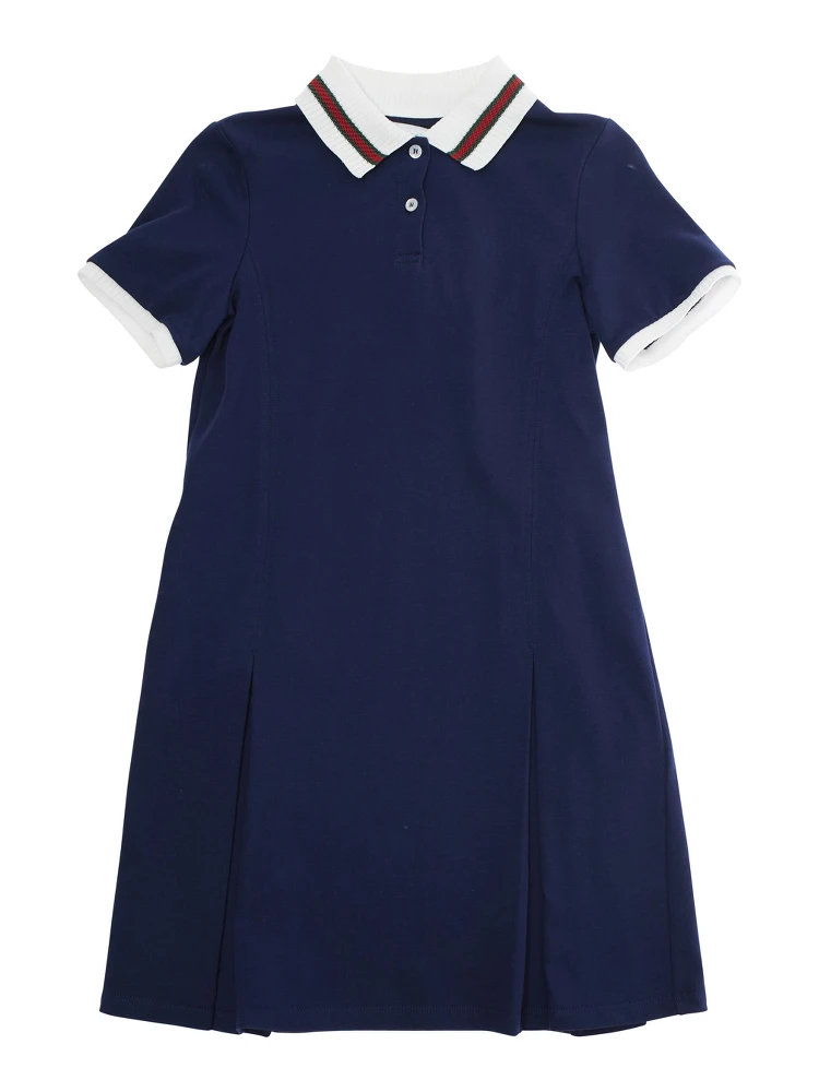 Blue Dress with Peter Pan Collar and Web Detail in Cotton Baby