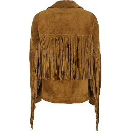Journey Brown Jacket with Notched Collar and Fringed Details in Suede Woman