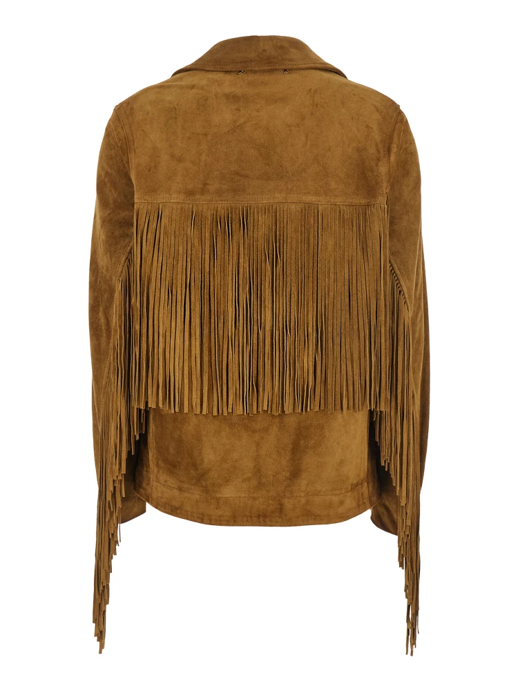 Journey Brown Jacket with Notched Collar and Fringed Details in Suede Woman alternative
