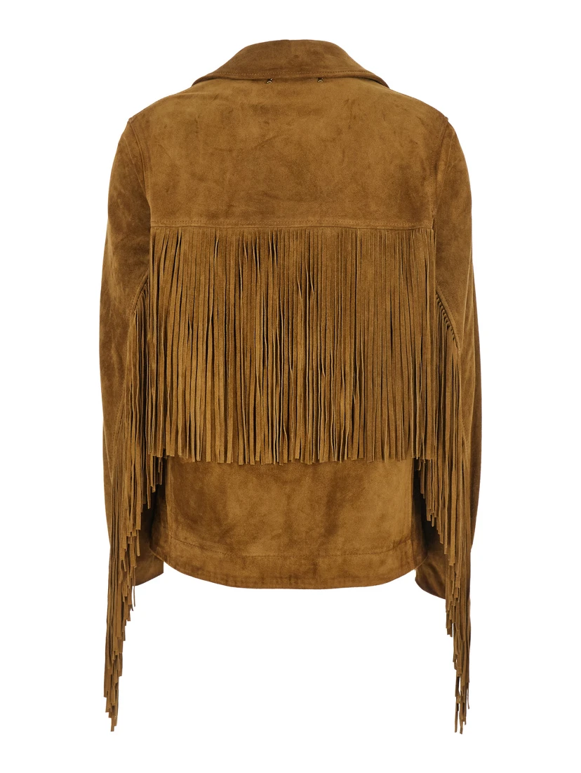 Journey Brown Jacket with Notched Collar and Fringed Details in Suede Woman