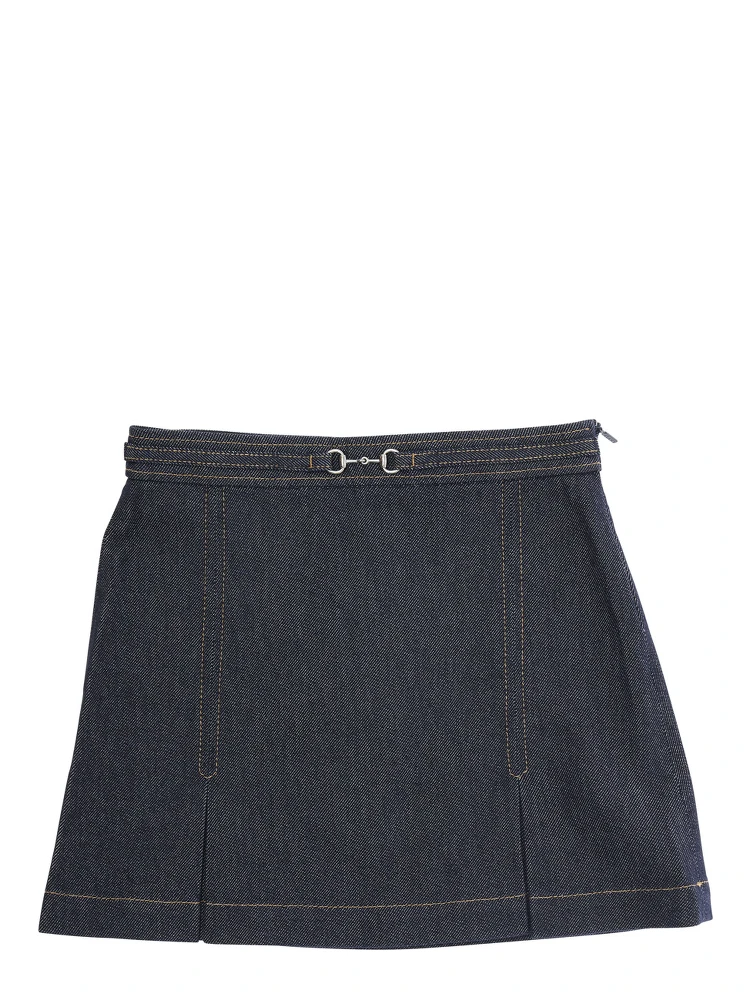 Blue Skirt with Horsebit Detail on the Front and Side Concealed Zip Closure in Denim Girl