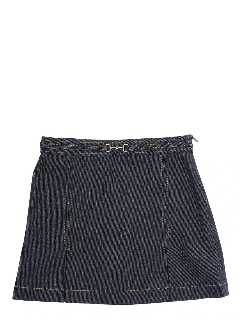 Blue Skirt with Horsebit Detail on the Front and Side Concealed Zip Closure in Denim Girl