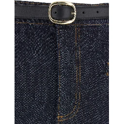 Blue Midi Skirt with Leather Belt and Rear Single Slit in Denim Woman