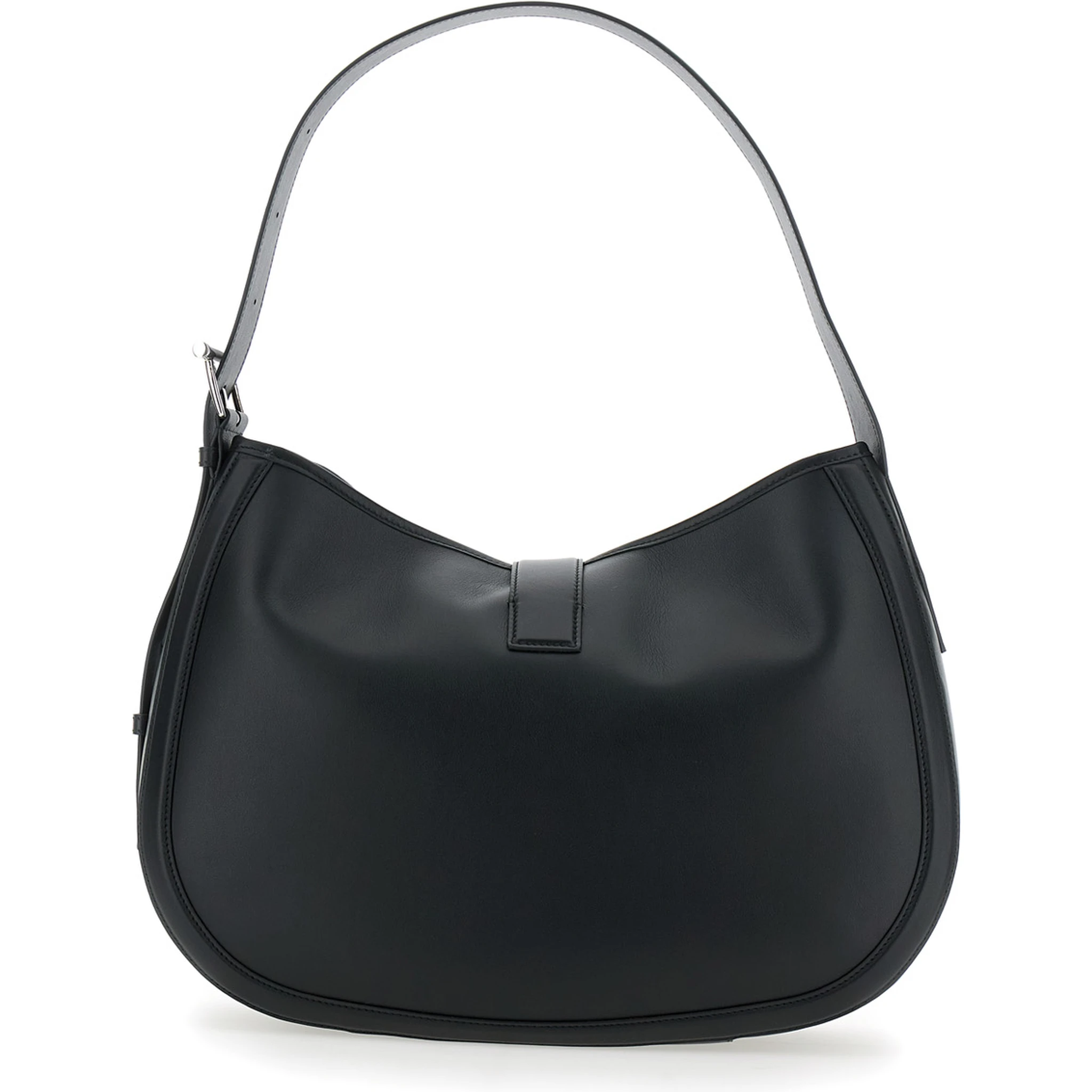 Black Shoulder Bag with Adjustable Shoulder Strap and T Buckle Closure on the Front in Leather Woman
