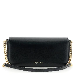 Skull Flower Black Crossbody Bag with Chain-Link Shoulder Strap and Logo Plaque on the Front in Leather Woman