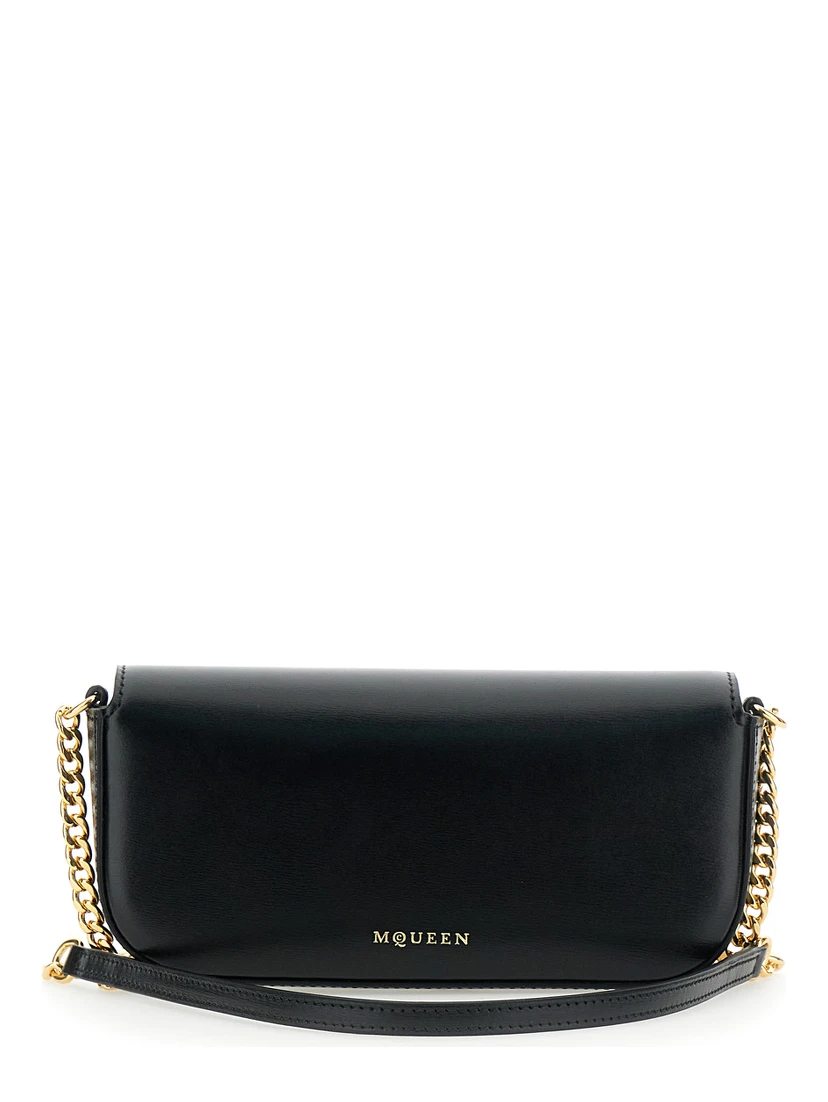 Skull Flower Black Crossbody Bag with Chain-Link Shoulder Strap and Logo Plaque on the Front in Leather Woman