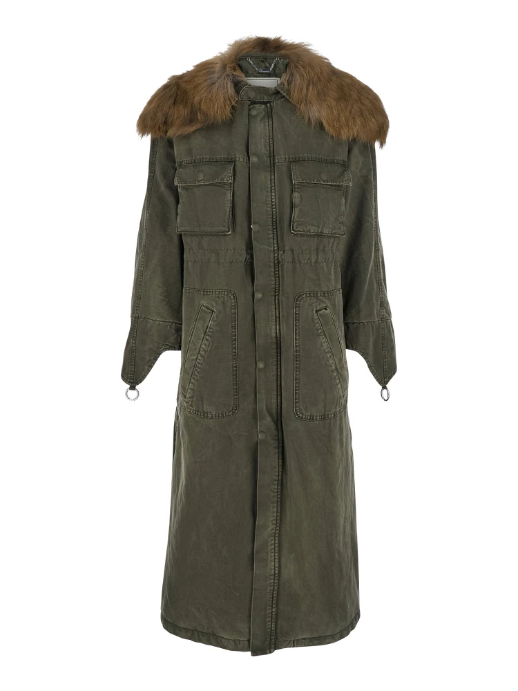 Green Long Coat with Removable Fur Detail in Cotton Woman