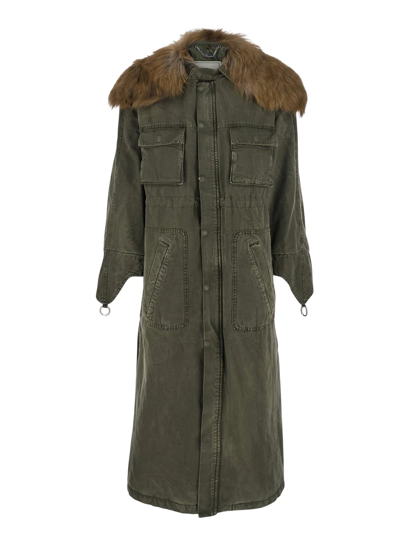 Green Long Coat with Removable Fur Detail in Cotton Woman