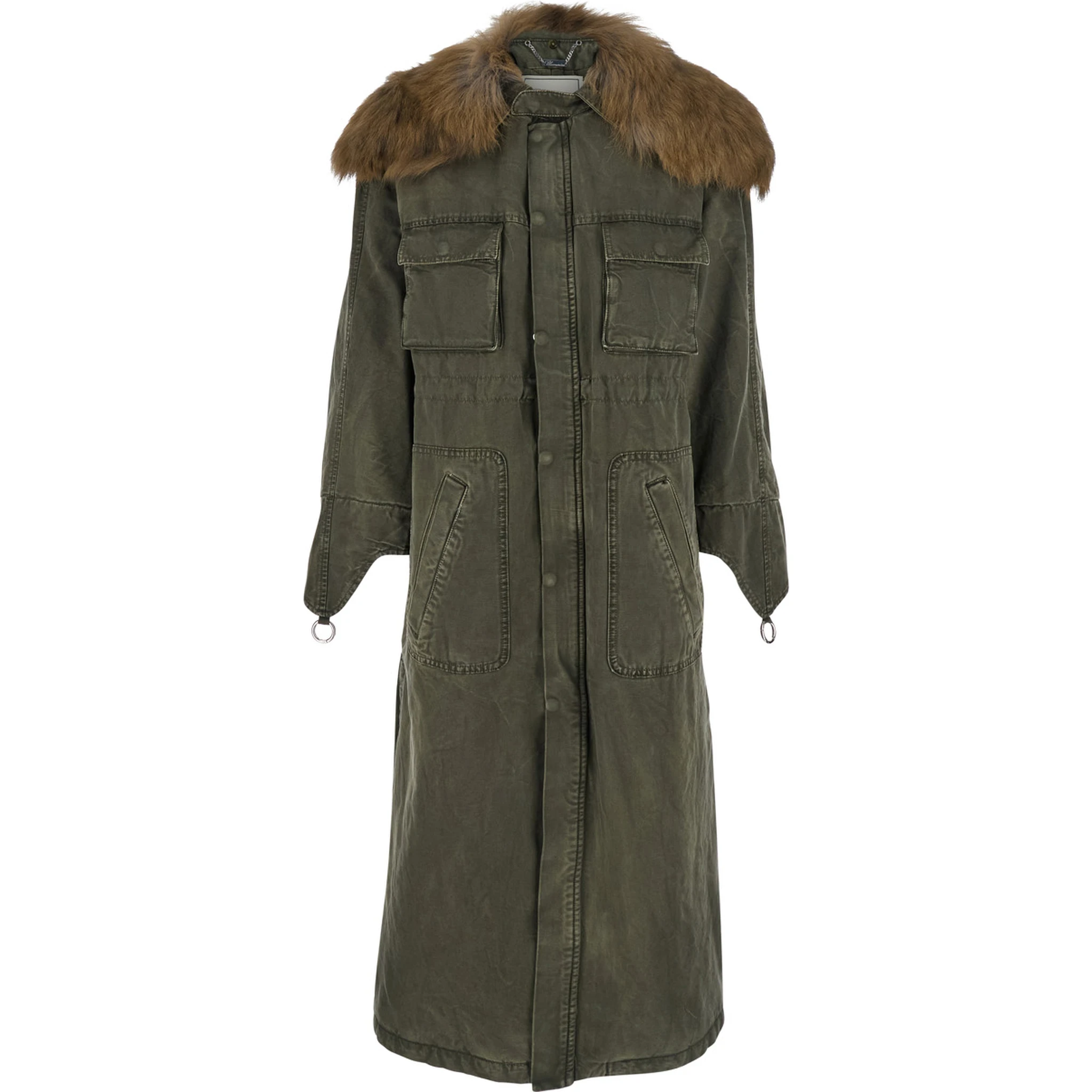 Green Long Coat with Removable Fur Detail in Cotton Woman