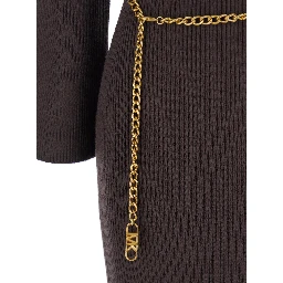 Brown Dress with Chain Belt and Logo Plaque on the Rear in Wool Blend Stretch Woman