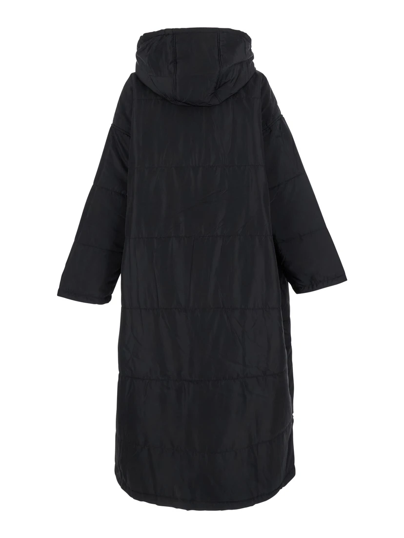 Black Down Jacket with Fixed Hood and Long Design in Tech Fabric Woman