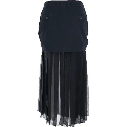 Black Skirt with Pleated Design and Drawstring Waist in Silk Blend Stretch Woman