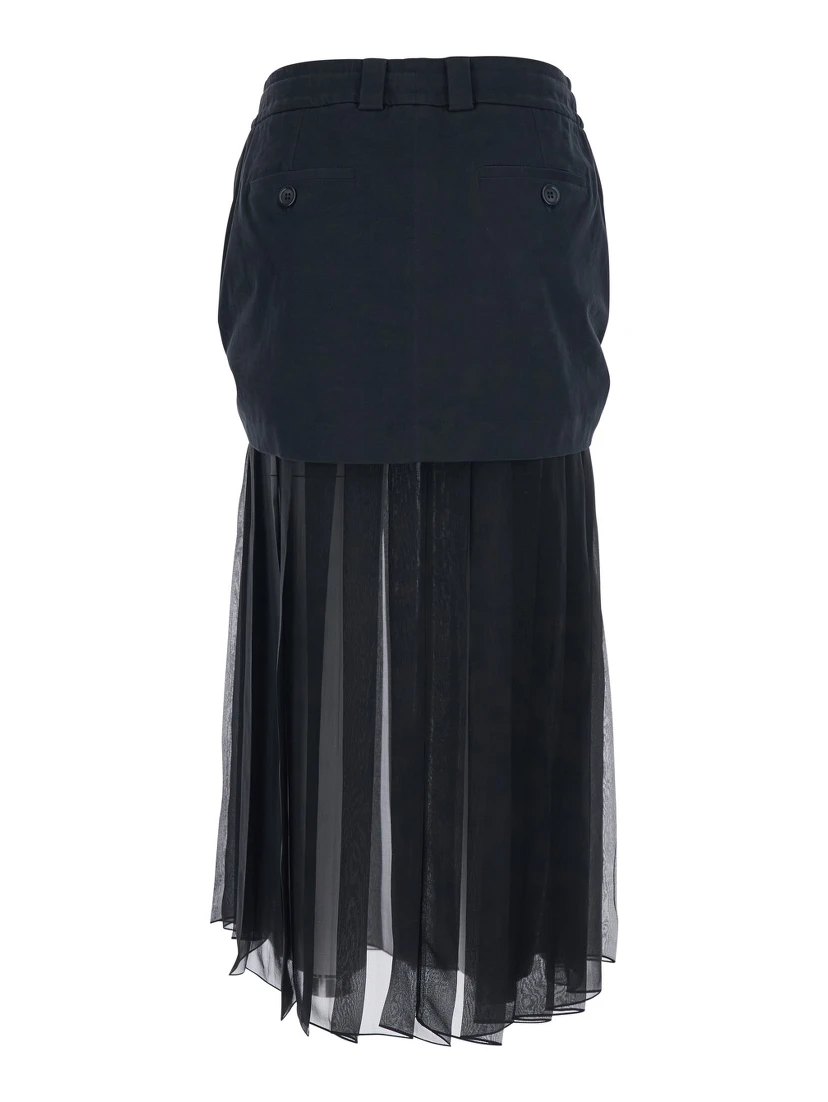Black Skirt with Pleated Design and Drawstring Waist in Silk Blend Stretch Woman