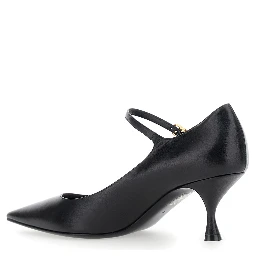 Black Slingback Pumps with Medium Stiletto Heel and Lateral Logo Plaque in Patent Leather Woman