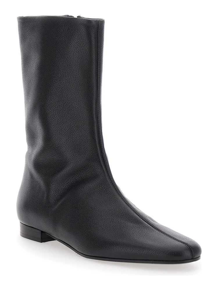 Black Ankle Boots with Low Heel and Pointed Toe in Hammered Leather Woman alternative