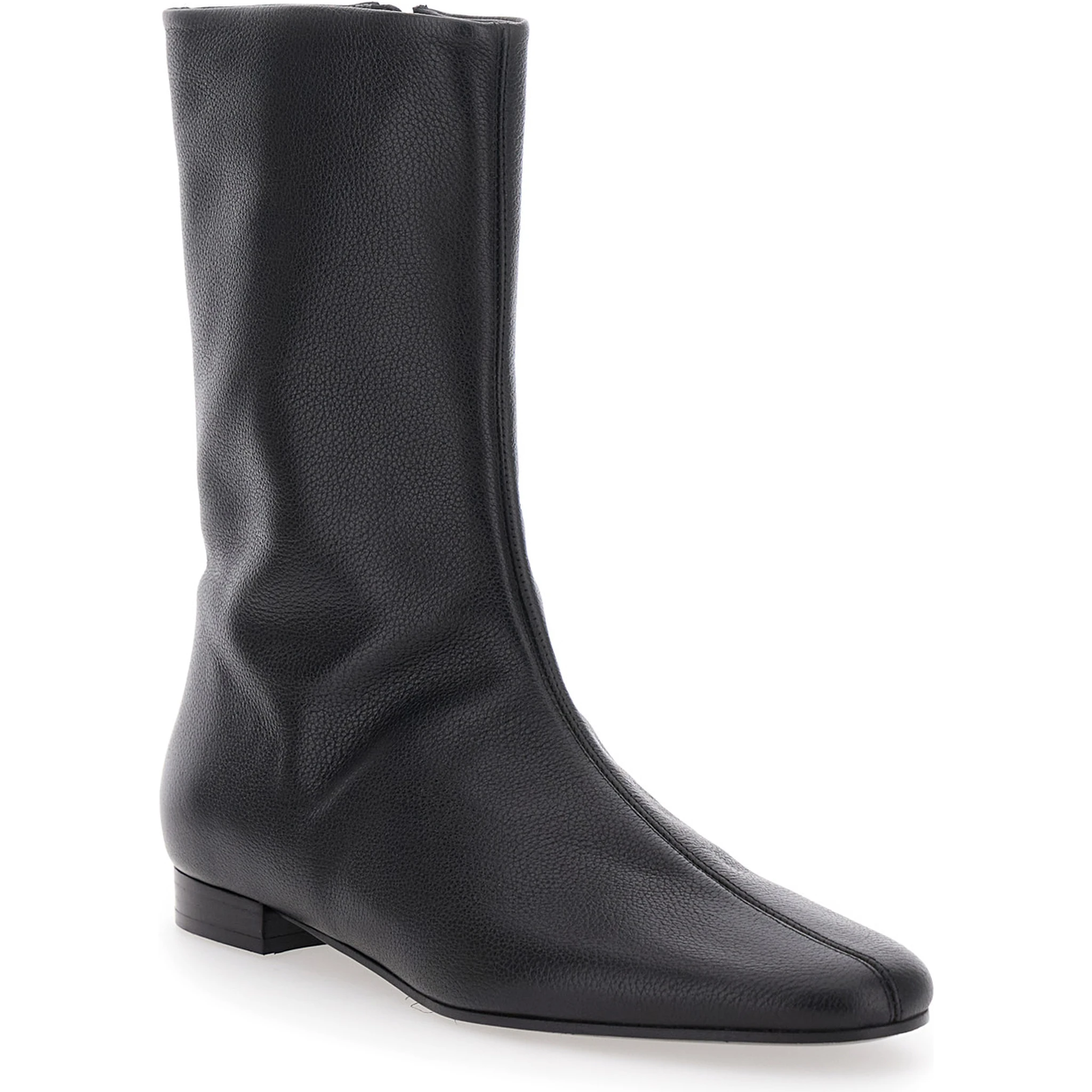 Black Ankle Boots with Low Heel and Pointed Toe in Hammered Leather Woman