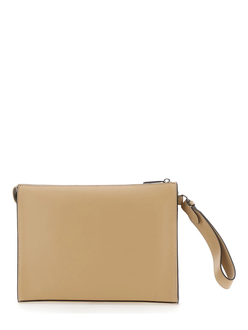 Beige Cltuch with FF Motif and FF Logo Plaque in Leather Man