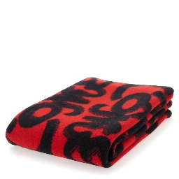 Red Blanket with Logo Patch and Zig Zag Print Design in Wool and Cashmere Blend Woman