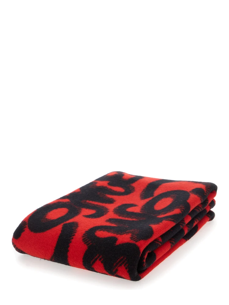 Red Blanket with Logo Patch and Zig Zag Print Design in Wool and Cashmere Blend Woman