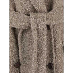 Beige Double-Breasted Coat with Classic Lapels and Belt in Wool and Mohair Blend Woman