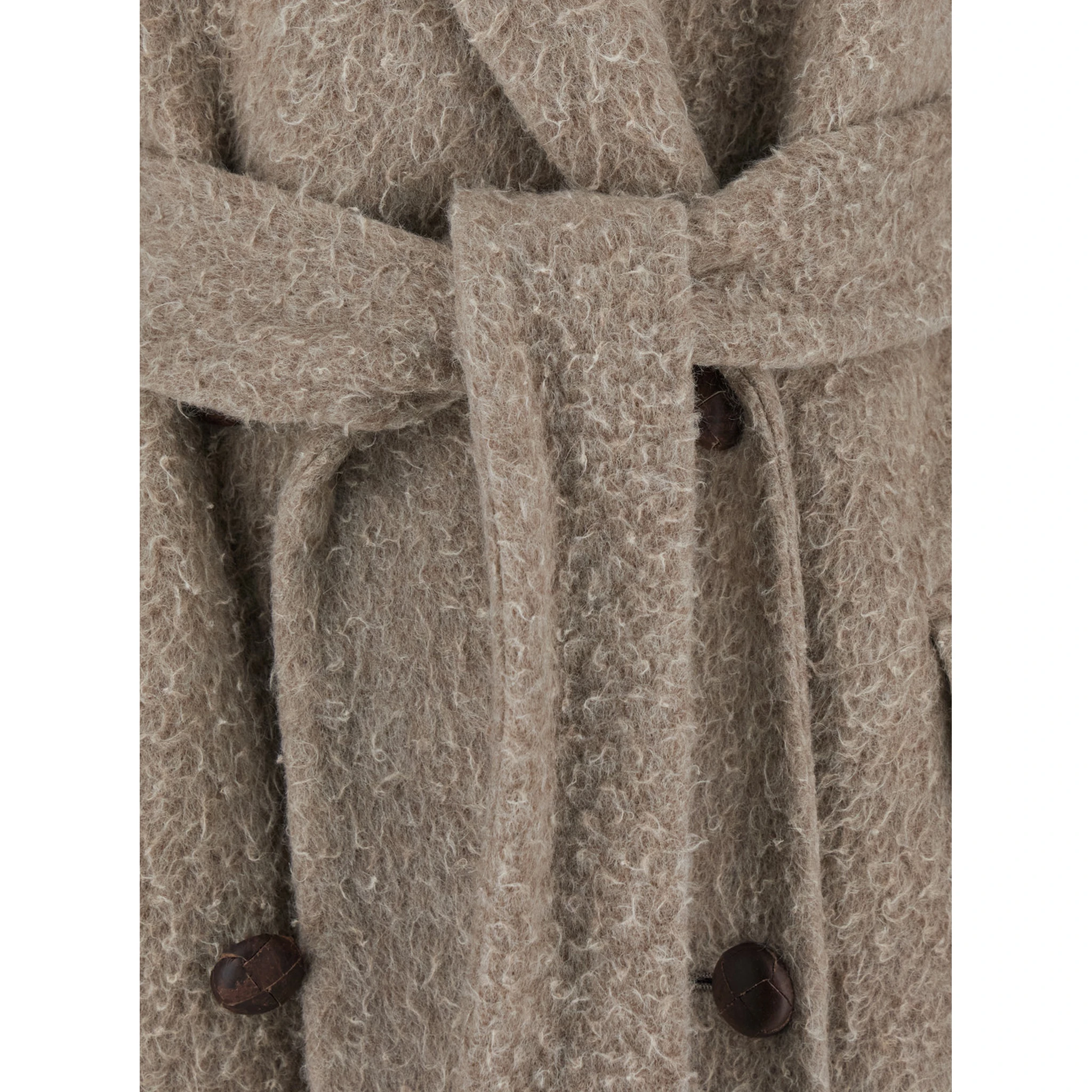 Beige Double-Breasted Coat with Classic Lapels and Belt in Wool and Mohair Blend Woman