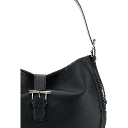 Black Shoulder Bag with Adjustable Shoulder Strap and T Buckle Closure on the Front in Leather Woman