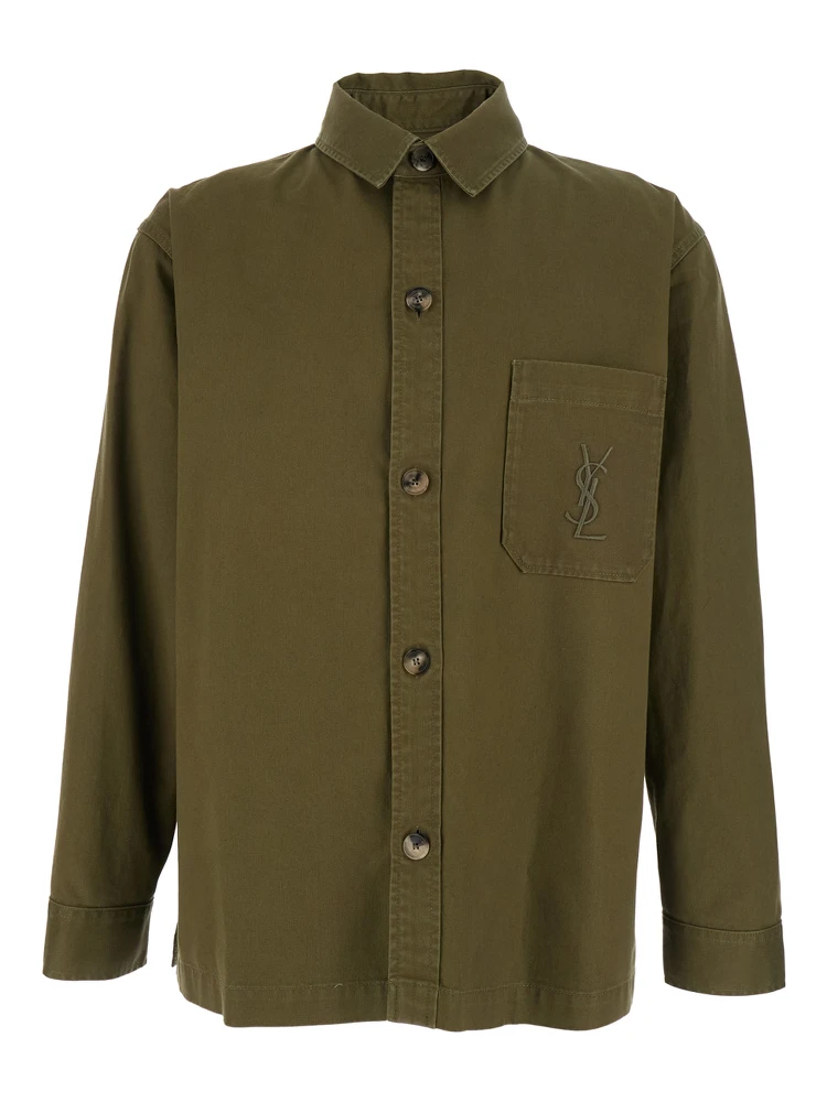 قميص أخضر بياقة كلاسيكية وتطريز كاساندري في الأمام من القطن الرجالي