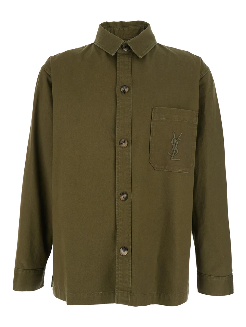 قميص أخضر بياقة كلاسيكية وتطريز كاساندري في الأمام من القطن الرجالي