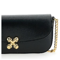 Skull Flower Black Crossbody Bag with Chain-Link Shoulder Strap and Logo Plaque on the Front in Leather Woman