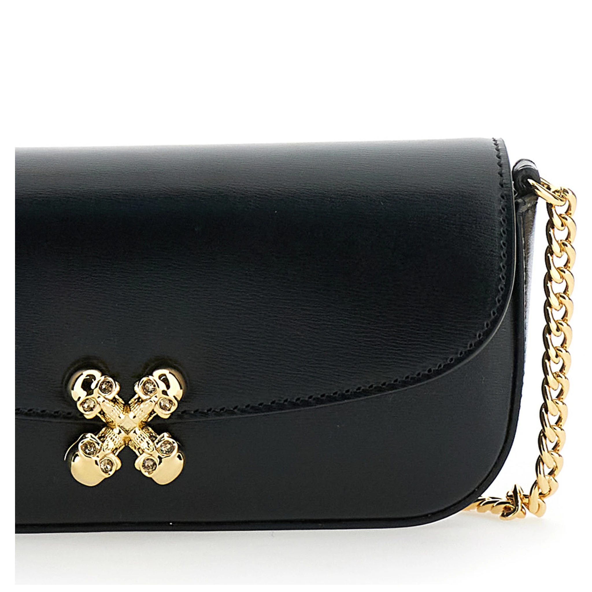 Skull Flower Black Crossbody Bag with Chain-Link Shoulder Strap and Logo Plaque on the Front in Leather Woman