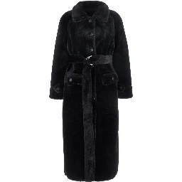 Black Shearling Coat with Classic Collar and Waist Belt in Faux Fur Woman