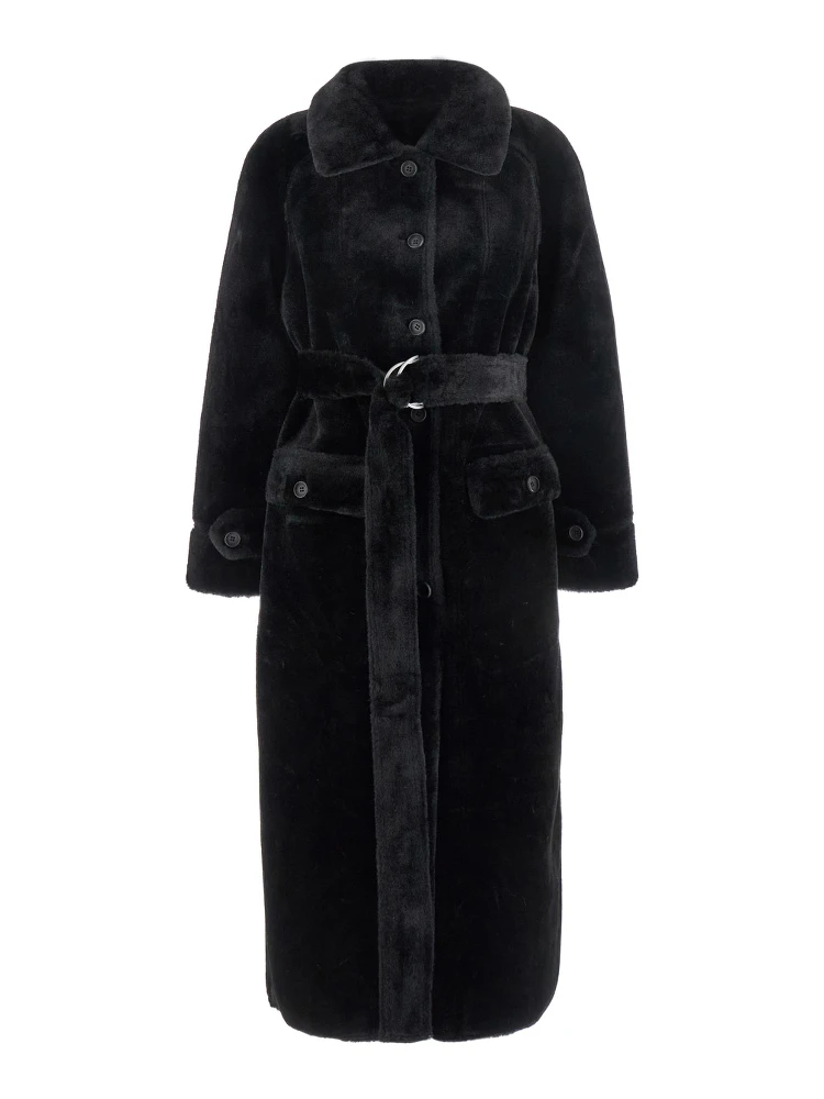 Black Shearling Coat with Classic Collar and Waist Belt in Faux Fur Woman