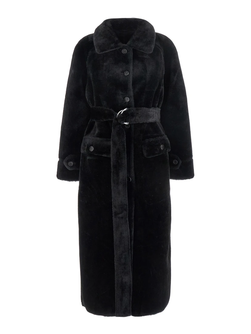 Black Shearling Coat with Classic Collar and Waist Belt in Faux Fur Woman