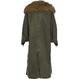 Green Long Coat with Removable Fur Detail in Cotton Woman