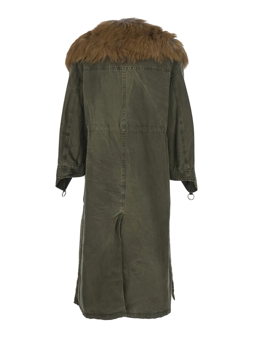Green Long Coat with Removable Fur Detail in Cotton Woman
