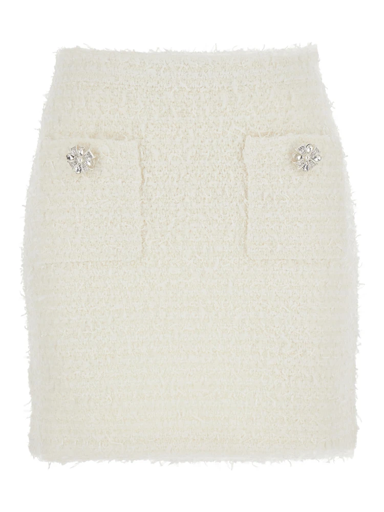 White Miniskirt with Pearl Embellishments and Button Detail in Tech Fabric Woman