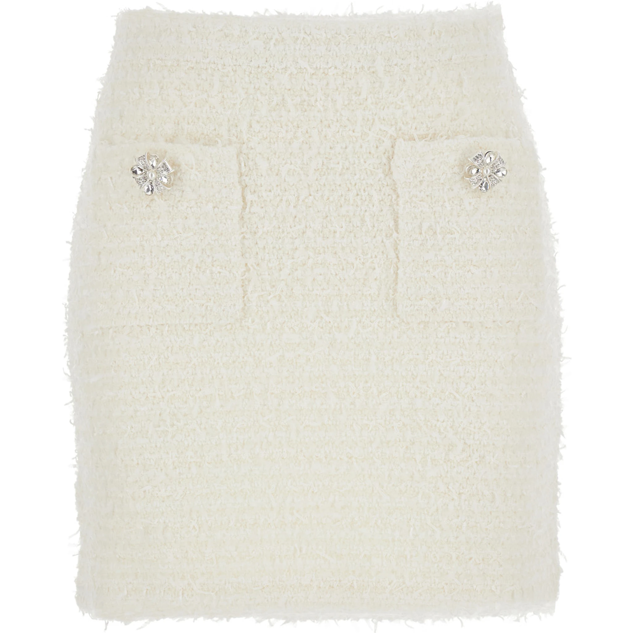 White Miniskirt with Pearl Embellishments and Button Detail in Tech Fabric Woman