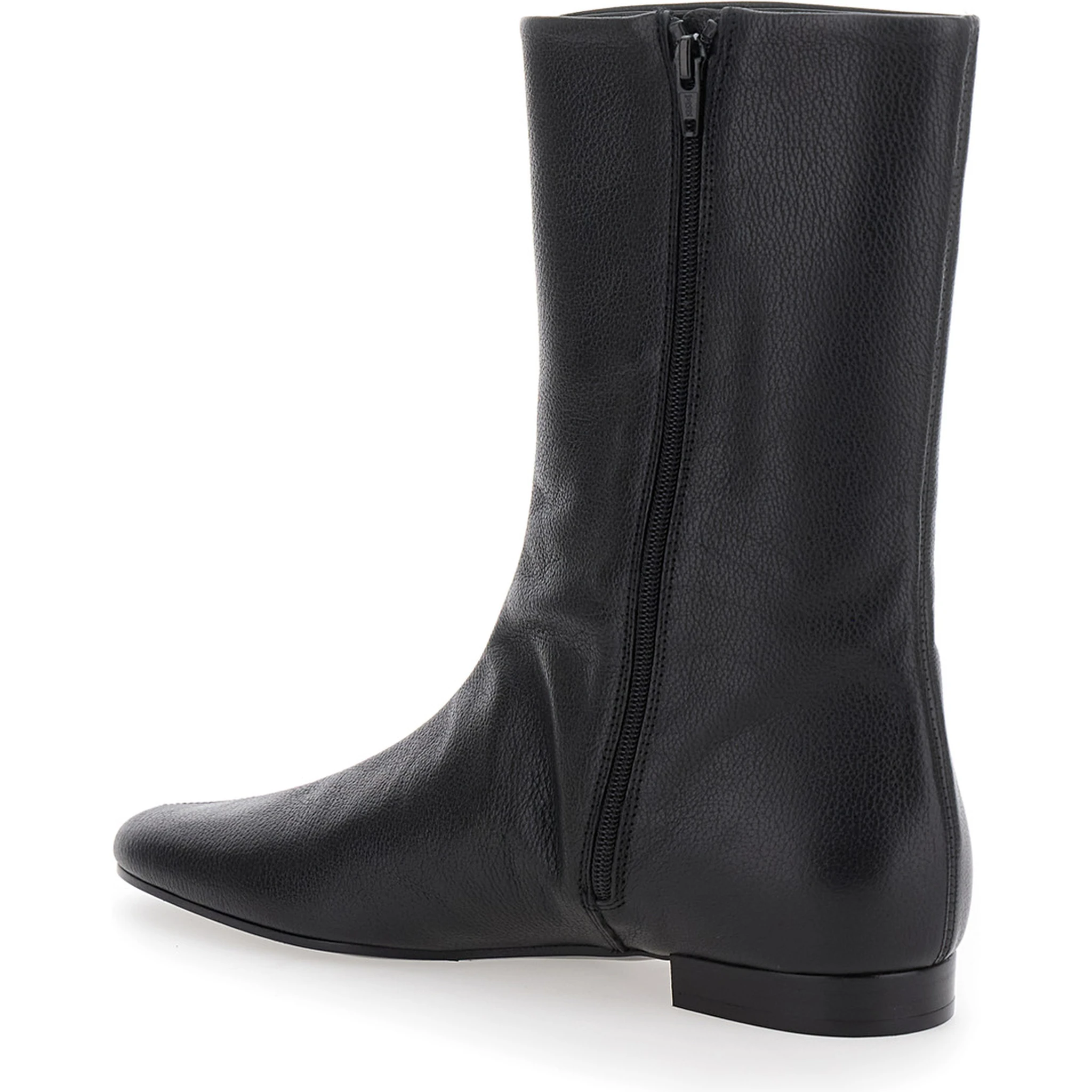 Black Ankle Boots with Low Heel and Pointed Toe in Hammered Leather Woman